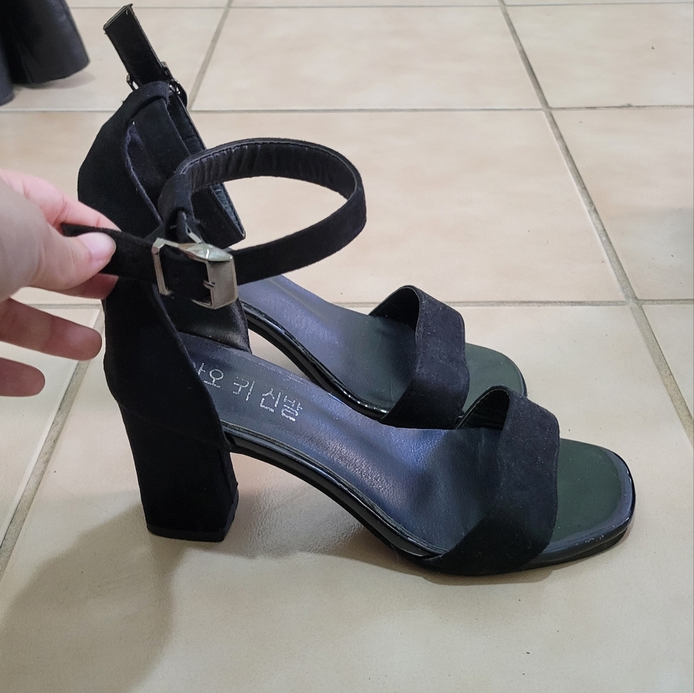 Size 6 Korean Brand Black Block Heel Ankle Strap Sandals